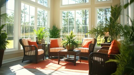 Fototapeta premium Bright and airy sunroom with comfortable seating, indoor plants, and natural decor accents