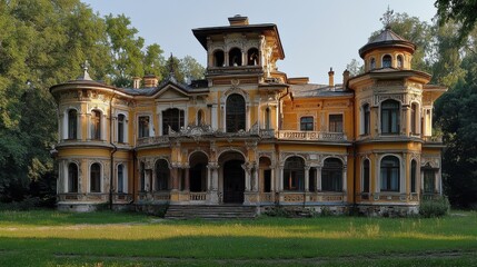 Historic abandoned victorian mansion surrounded by lush greenery