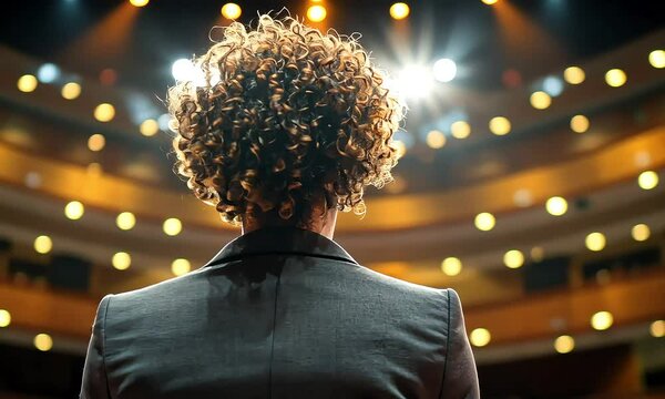 A powerful female speaker in a formal suit commands attention on stage, delivering a speech to a captivated audience in a large, well-lit conference hall.