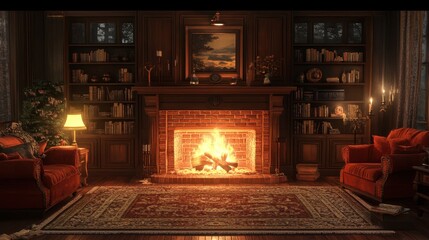 Cozy library interior with fireplace, warm lighting, and classic wooden bookshelves