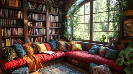 Cozy reading nook with cushions and sunlit library shelves by large window
