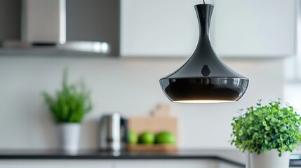 Contemporary pendant light with a sleek black finish hanging over a stylish kitchen island