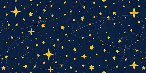 Celestial Night Gold Stars Dark Blue Background Twinkling Lights Seamless Pattern