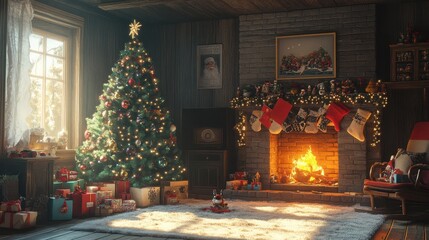 Cozy christmas living room with decorated tree and glowing fireplace