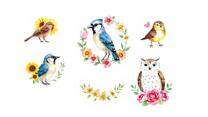 Charming Birds Flowers Watercolor Illustration Set