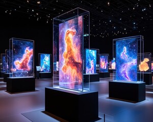 Vibrant Cosmic Art Installation with Luminous Display Cases