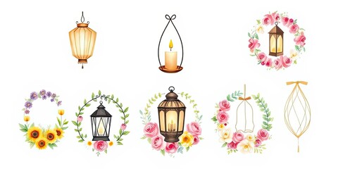 Naklejka premium Watercolor Lanterns Floral Wreaths Candles Romantic Decor
