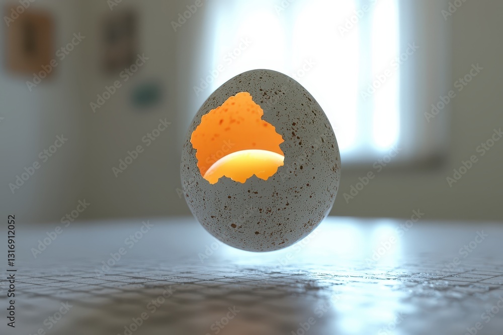 Poster illuminated egg shell with broken surface floating in air