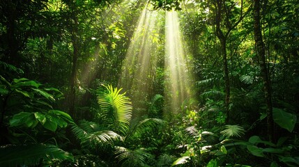 Obraz premium Sunbeams pierce dense rainforest canopy, illuminating lush green vegetation.
