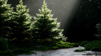 Obraz premium Sunlight streaming through trees in a forest clearing atmosphere