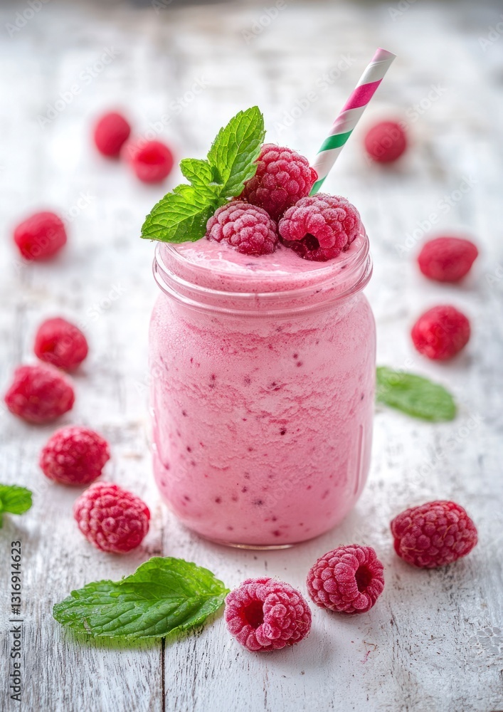 Poster raspberry smoothie in jar with mint and scattered fresh raspberries