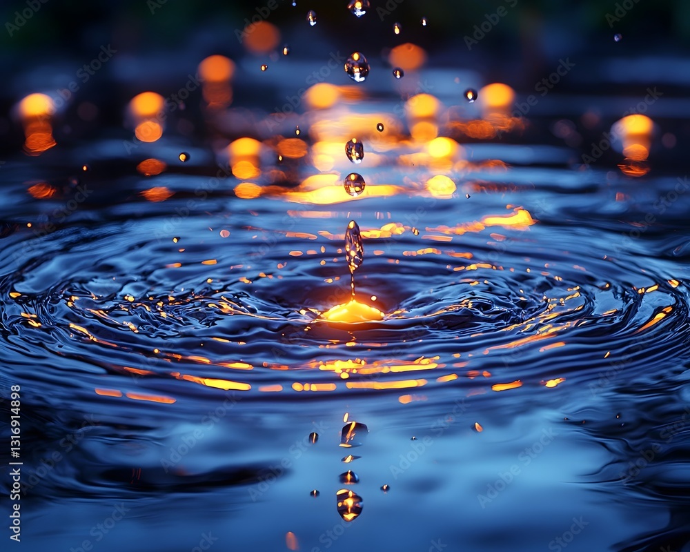 Poster glowing water drops cascading in slow motion with distorting shapes