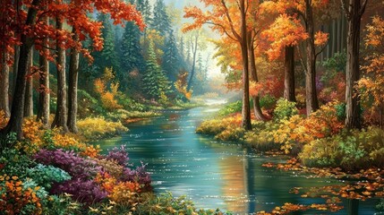 Serene autumnal forest river scene.