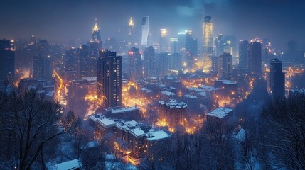 Fototapeta premium Snowy cityscape at night with illuminated skyscrapers and snow-covered buildings