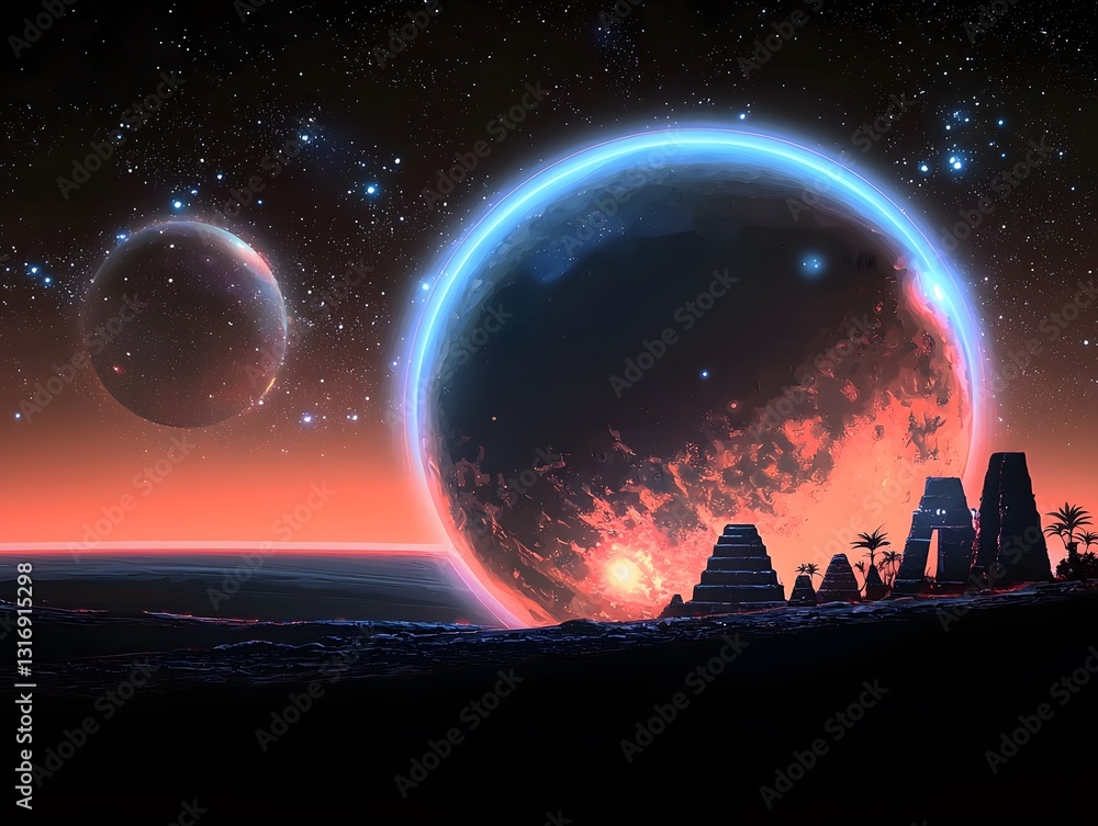 Aufkleber an enchanting cosmic scene of a planet with a large moon hovering in the background against a stella