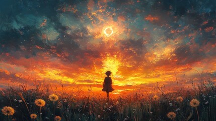Fototapeta premium Silhouette of child in vibrant fiery sunset landscape with dandelions
