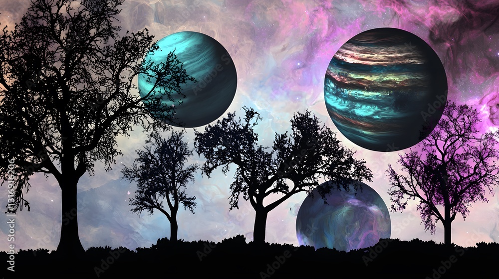 Poster cosmic landscape featuring planets silhouetted against a sky filled with trees creating an enchantin