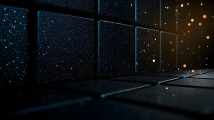 A dark room illuminated by particles on textured square walls