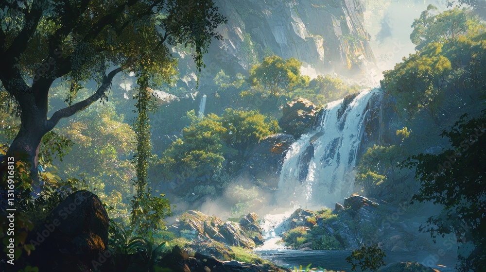 Poster lush jungle waterfall cascading down rocky cliffs.
