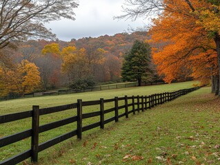 Naklejka premium Serene autumn landscape with vibrant foliage and rustic fence evoking tranquility and seasonal beauty in a rural setting capturing the essence of fall