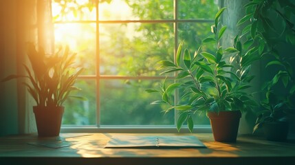 Sunlit window with green plants and notebook on wooden desk