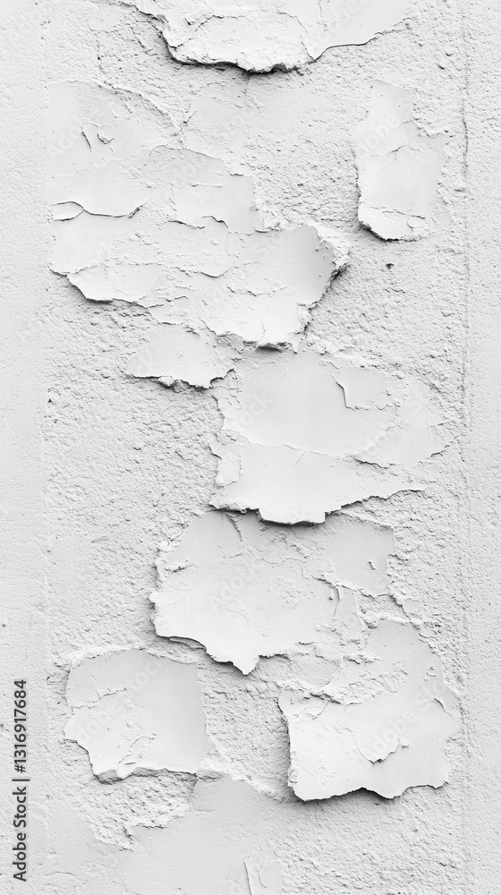 Poster monochrome texture of flaking white paint on a rough wall surface in vertical composition with a min