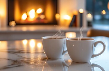Fototapeta premium Two Cups of Coffee Steaming by Fireplace Create Cozy Indoor Scene