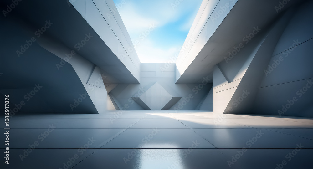 Fototapete Modern concrete architecture featuring geometric forms and a sky view. Clean, bright open space with smooth surfaces and sharp angles.