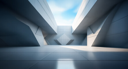 Obraz premium Modern concrete architecture featuring geometric forms and a sky view. Clean, bright open space with smooth surfaces and sharp angles.