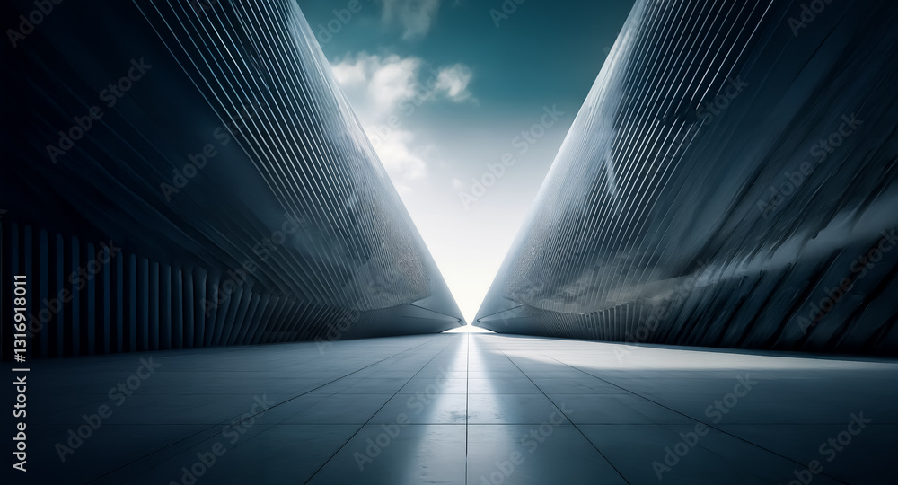 Poster futuristic architecture featuring converging metallic walls creates a pathway towards a bright light