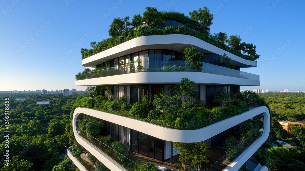 Poster modern architecture with greenery and sustainable design in urban setting surrounded by lush nature