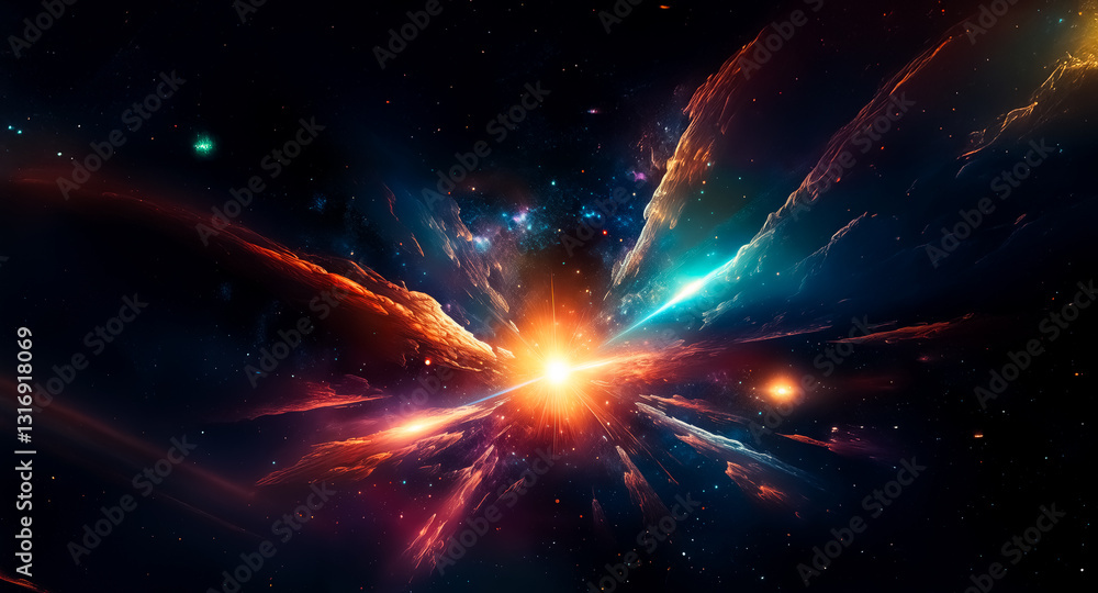 Leinwandbilder A vibrant explosion of light and color bursts forth in the vast expanse of space, illuminating cosmic dust and distant stars in a nebula-like display.