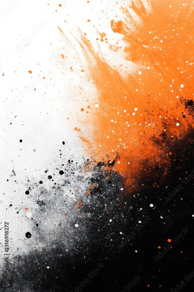 Poster abstract explosion of vibrant orange and black pigment on white canvas creating dynamic artistic tex