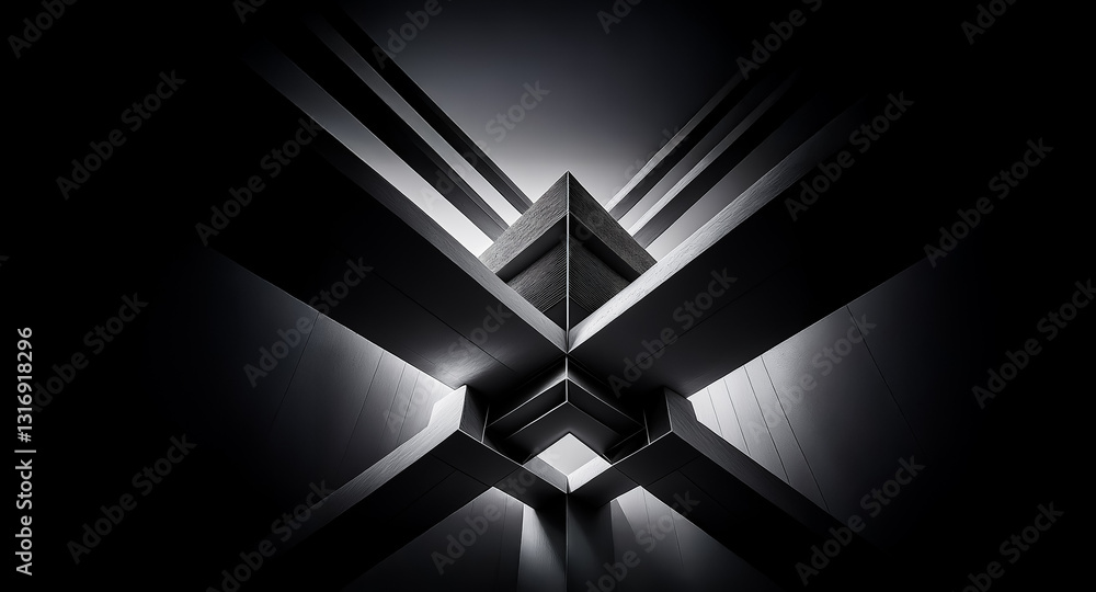 Poster Abstract monochrome architecture featuring geometric shapes and contrasting light and shadows.  A modern, angular construction with a strong sense of perspective and depth.