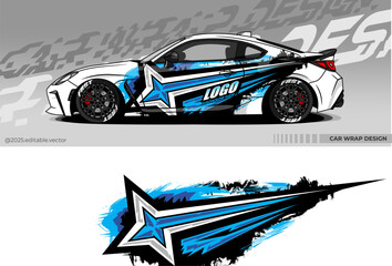 Car wrap design vector. Car livery abstract decal with black, white, blue colour. Sticker Vinyl template. Suitable for racing, rally, drfit, sport car, truck, or daily use car © Gayuhdesu
