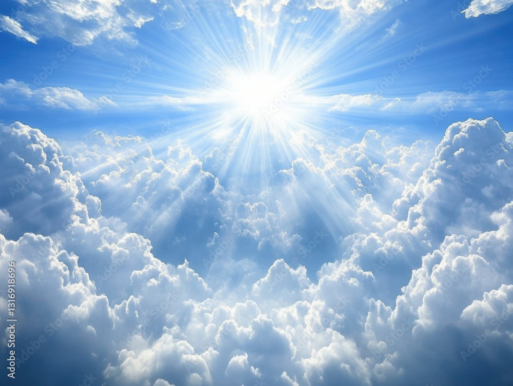 Poster radiant sunlight streams through ethereal clouds creating a serene and heavenly atmosphere against a