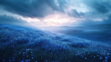 Fototapeta premium Serene blue flower field at dawn, misty hills, dramatic sky.