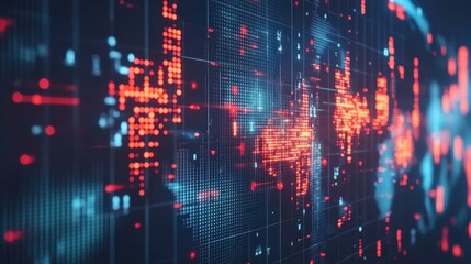 Digital data visualization with abstract glowing map and spectrum colors