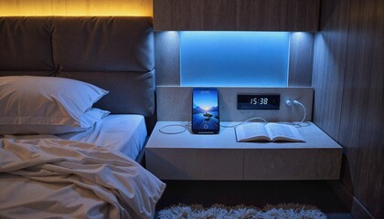 Modern bedroom interior with bedside table and glowing decor