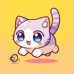 Cute Cat Chases Bird, Pastel Colors