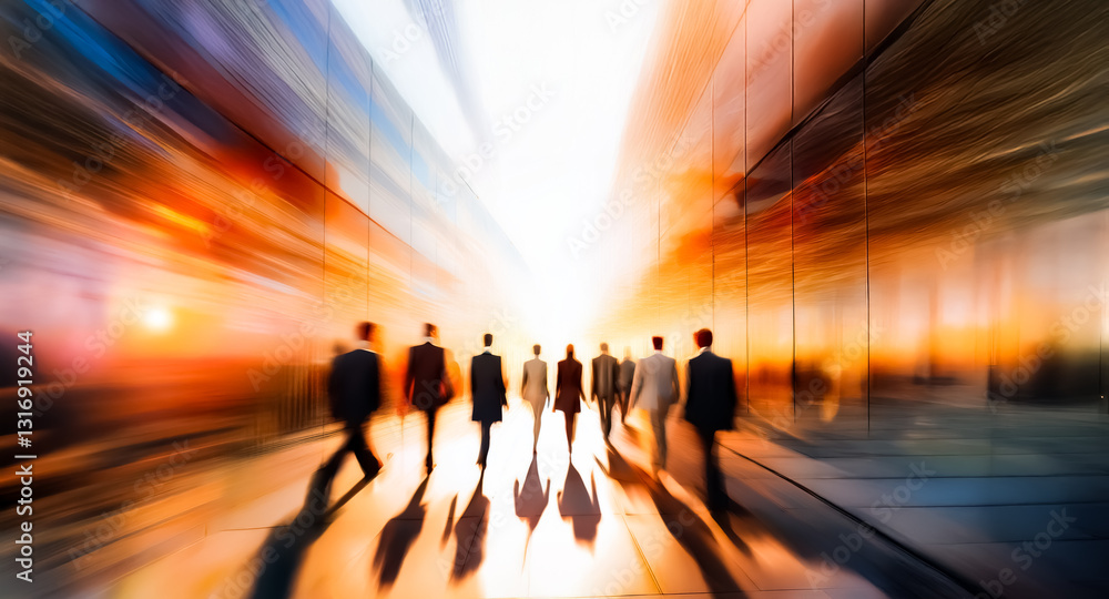 Poster description: a group of business professionals are walking towards a bright light at the end of a ci
