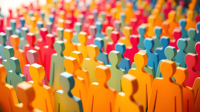 A close-up view of a large group of colorful paper cutout figures standing together. Beautiful simple AI generated image