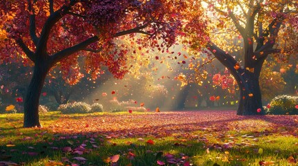 Sunlit autumn park with falling leaves.