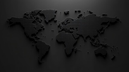 Minimalistic dark world map on black background illustrating global geography