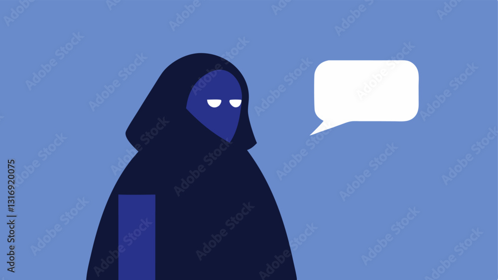 Poster testifying figure a side view of a cloaked figure testifying with a shadowy face and a speech bubble