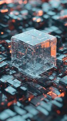Abstract Transparent Cube Surrounded by Dark Geometric Shapes