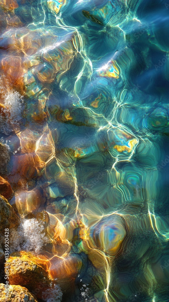 Poster sparkling sunlight reflecting on the clear turquoise water surface with rocks creating an abstract p