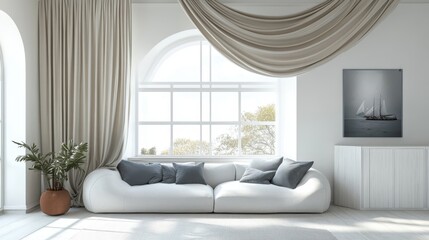 Elegant modern living room with white sofa and large window view