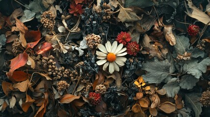 Autumnal arrangement of dried leaves and flowers with central daisy bloom