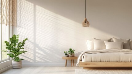 Modern wooden bed frame with a simple, natural finish and neutral bedding in a minimalist bedroom